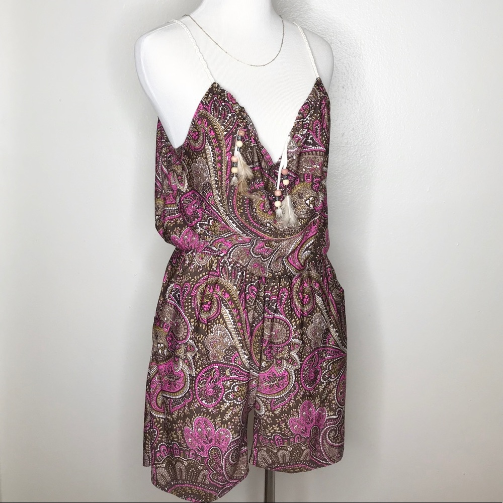 H&S Women Brown Paisley Print Sleeveless Romper L